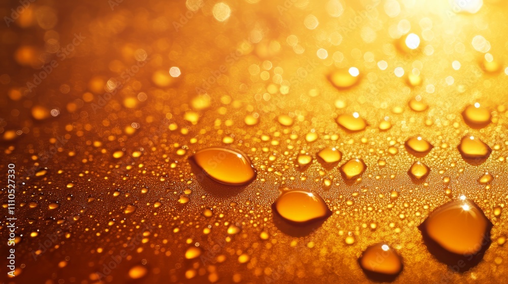 Water droplets of varying sizes rest on a smooth, golden surface. The light highlights their contours, creating a stunning visual effect. This captures the interplay of light and texture beautifully Water droplets of varying sizes rest on a smooth, golden surface. The light highlights their contours, creating a stunning visual effect. This captures the interplay of light and texture beautifully
