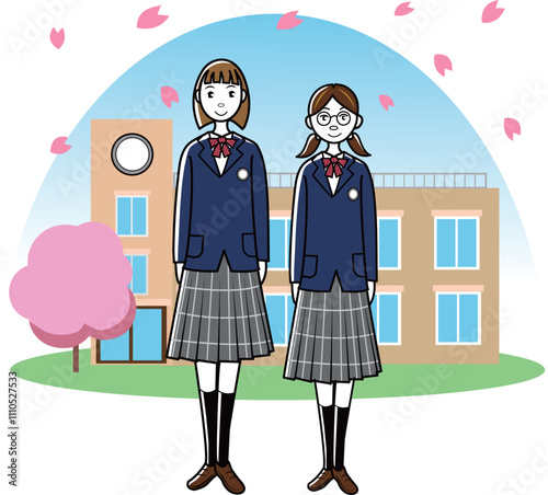 校舎の前の女子学生