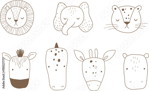Cute animal faces safari lion, elephant, leopard, crocodile, zebra, giraffe, hippo. Vector illustration for design, print, pattern, isolated on white background