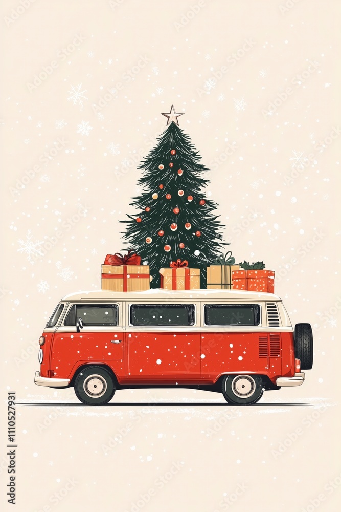 Illustration of Christmas tree on top of a vintage van with presents on white background Illustration of Christmas tree on top of a vintage van with presents on white background