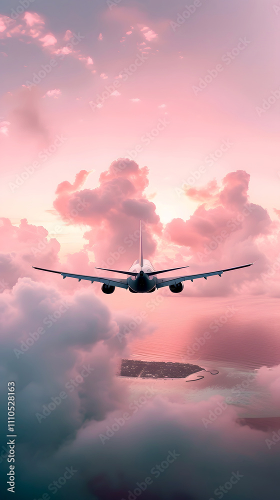 Fototapeta premium the plane flies in pink clouds