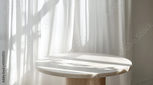 pristine circular table surface, natural window lighting, pure white textile backdrop, organic shadow overlay, premium product display, scandinavian furniture design, serene interior composition,