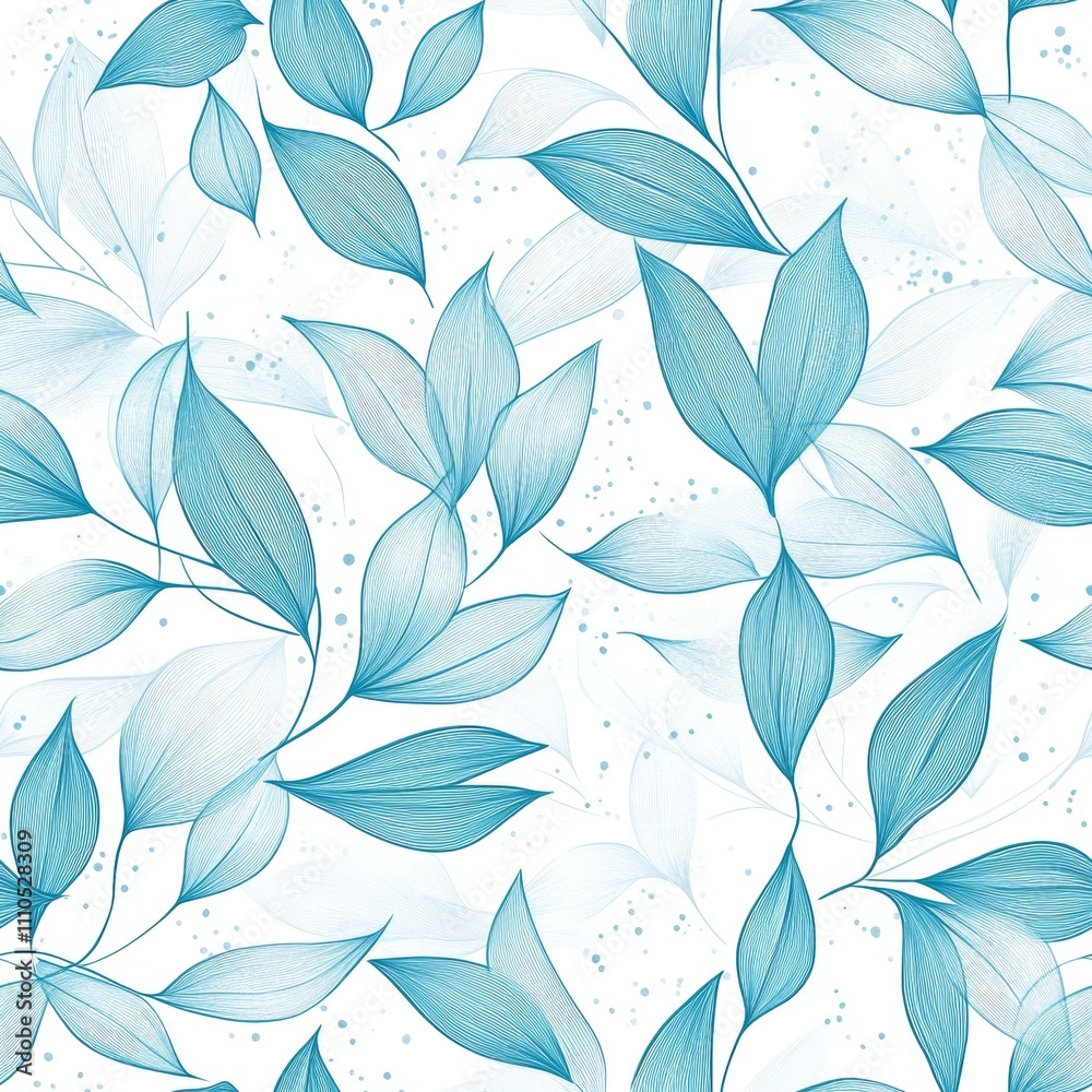Fototapeta premium ethereal foliage pattern, aqua blue linear leaves, floating botanical elements, scattered dots texture, organic doodle style, dreamy pastel backdrop, continuous line drawing, contemporary nature