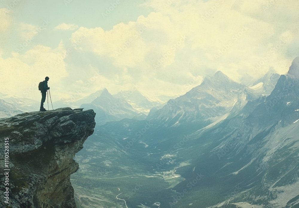 A person standing on the peak of a mountain with their arms raised in celebration—a landscape featuring lush green valleys, lakes, and a cloudy sky.the essence of adventure, A person standing on the peak of a mountain with their arms raised in celebration—a landscape featuring lush green valleys, lakes, and a cloudy sky.the essence of adventure,