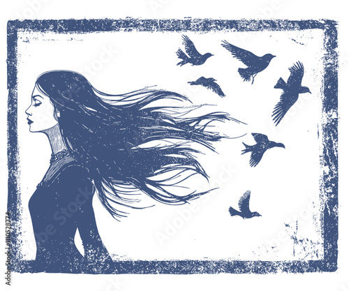 Girl with flowing hair and a flock of birds, engraving style, vector illustration.