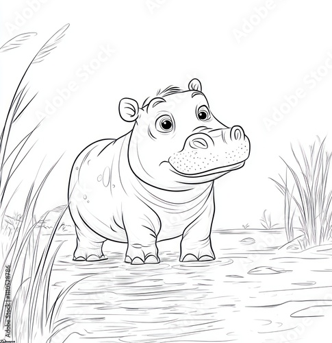 Adorable baby hippopotamus standing in shallow water near tall grass. photo