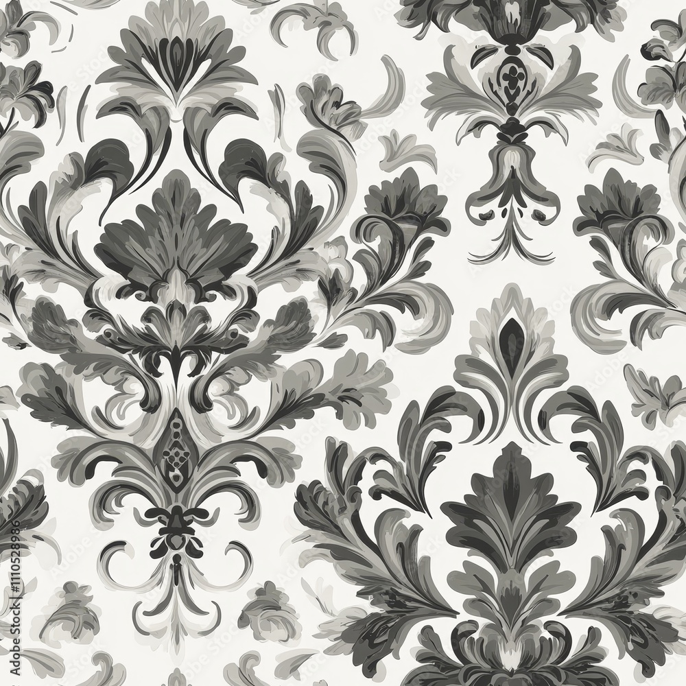 sophisticated damask ornament, graceful grey florals, flowing baroque elements, delicate victorian pattern, elegant botanical swirls, classic textile design, refined flower details, ornate repeating sophisticated damask ornament, graceful grey florals, flowing baroque elements, delicate victorian pattern, elegant botanical swirls, classic textile design, refined flower details, ornate repeating
