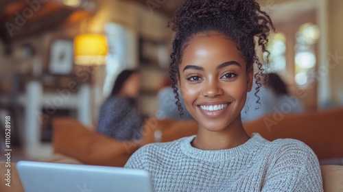 Young woman with curly hair smiling at laptop screen while sitting on sofa, cozy home interior, relaxing and working