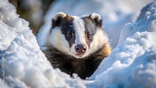 European badger in a stunning winter landscape, surrounded by soft snow and natural beauty, symbolizing the serene and festive atmosphere of Christmas and New Year holidays photo