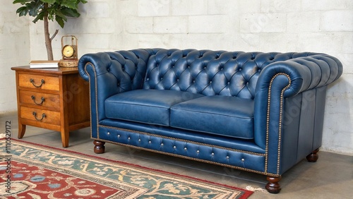 A classic Chesterfield sofa in a rich blue leather, with tufted detailing and wooden legs. photo