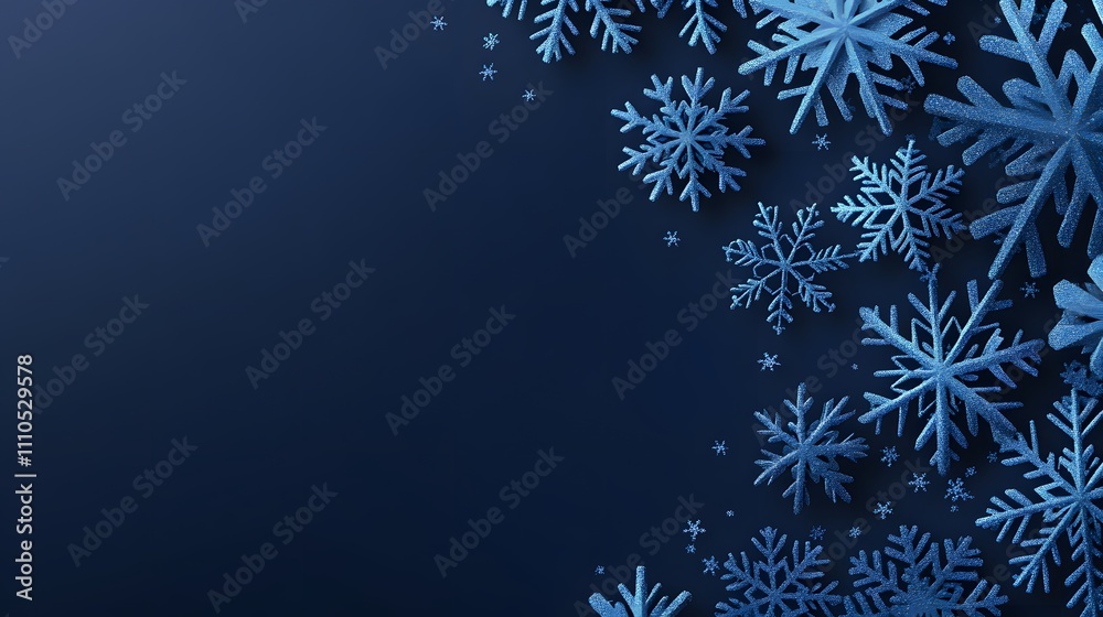 A festive winter Snowflakes on a blue background with stars and glitter with copy space A festive winter Snowflakes on a blue background with stars and glitter with copy space