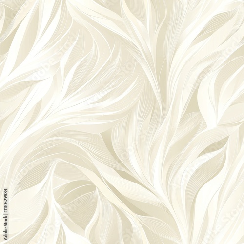 flowing feather pattern, soft curved lines, light beige background, white sweeping waves, minimalist organic movement, elegant swirls, gentle rhythmic design, seamless fluid texture, ethereal