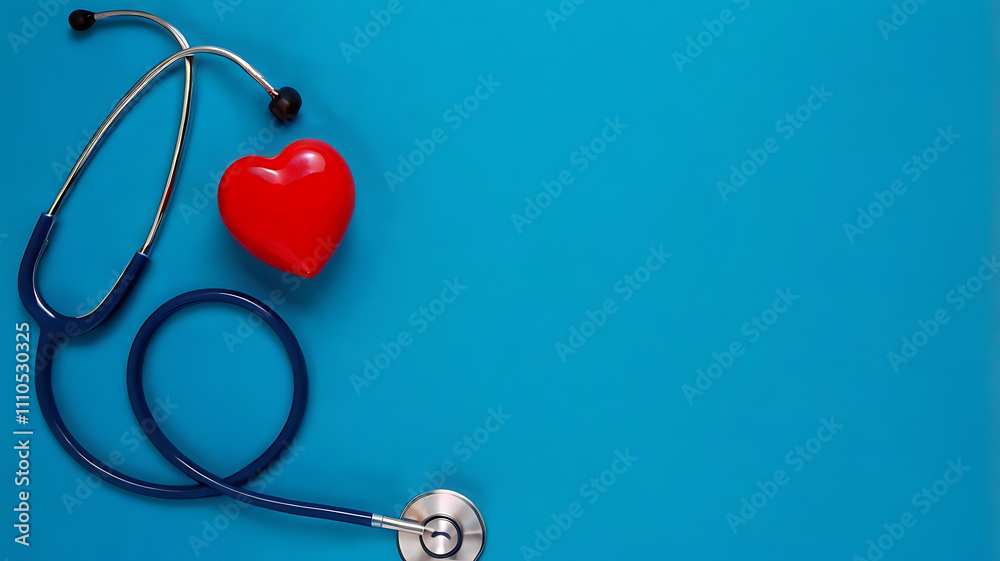 Medical Theme with Stethoscope and Heart on Blue Background, Copy space, stethoscope close-up, medical background image, medical diagnostics symbol, cardiology concept. Medical Theme with Stethoscope and Heart on Blue Background, Copy space, stethoscope close-up, medical background image, medical diagnostics symbol, cardiology concept.