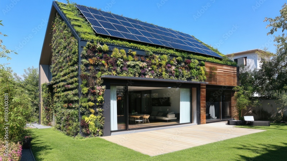 Modern eco-friendly house with green wall, solar panels, and patio.