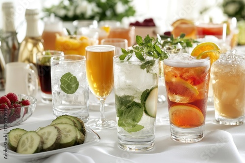 A beautifully arranged table with a variety of drinks including cocktails, beer, and sparkling water, all ready for toasting. The drinks are garnished with fresh fruit and herbs