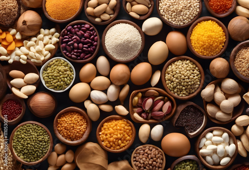 A variety of nuts, seeds, legumes, and eggs arranged in wooden bowls on a dark surface. The assortment includes almonds, beans, lentils, and grains, showcasing a colorful and nutritious spread.