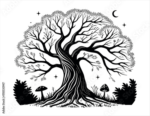 mystical night tree illustration with mushrooms and stars