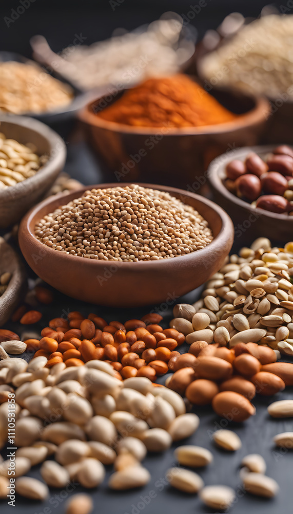 Obraz premium A variety of seeds and spices displayed in wooden bowls and scattered on a dark surface. Includes sesame seeds, lentils, and spices like paprika.