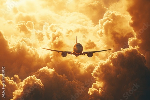 A modern jet flying high in the sky, cutting through a field of billowing clouds that appear almost like cotton candy. The airplane is captured in motion, leaving a faint vapor trail behind it photo