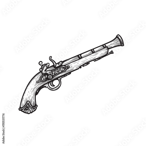 Hand drawn musket pistol with wooden grip. Flintlock gun in retro sketch style. Best for tattoo and pirate designs. Vector illustration.
