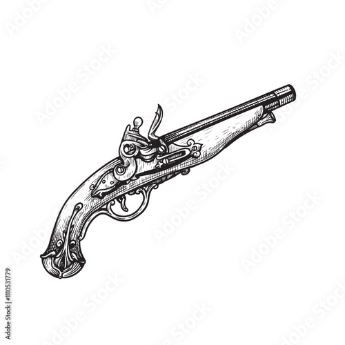 Hand drawn musket pistol with wooden grip. Flintlock gun in retro sketch style. Best for tattoo and pirate designs. Vector illustration.