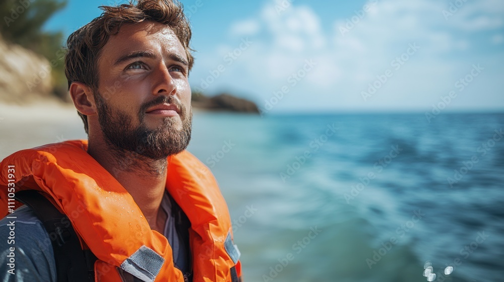 Bearded man in bright orange life jacket standing by the ocean, reflective coastal moment, outdoor safety and adventure, serene travel escape, nature, summer exploration, freedom Bearded man in bright orange life jacket standing by the ocean, reflective coastal moment, outdoor safety and adventure, serene travel escape, nature, summer exploration, freedom