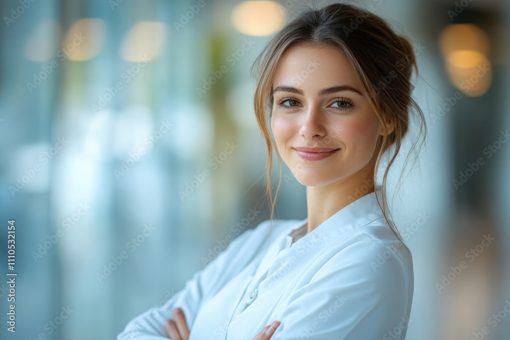 Smiling professional woman in white attire stands confidently during a daytime office setting Smiling professional woman in white attire stands confidently during a daytime office setting