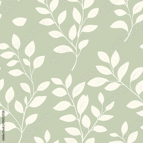 delicate leaf spray pattern, repeating botanical motif, cream organic shapes, sage green textile design, symmetric nature arrangement, graceful floral silhouettes, minimal vintage style, elegant