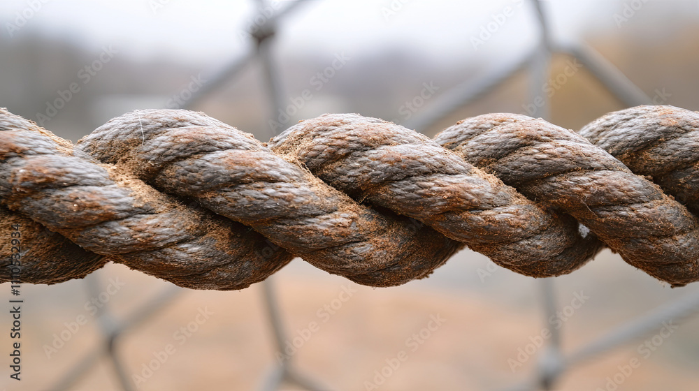 Close-up View of a Weathered Rope Intertwined With a Metal Fence in a Natural Landscape During Autumn Close-up View of a Weathered Rope Intertwined With a Metal Fence in a Natural Landscape During Autumn