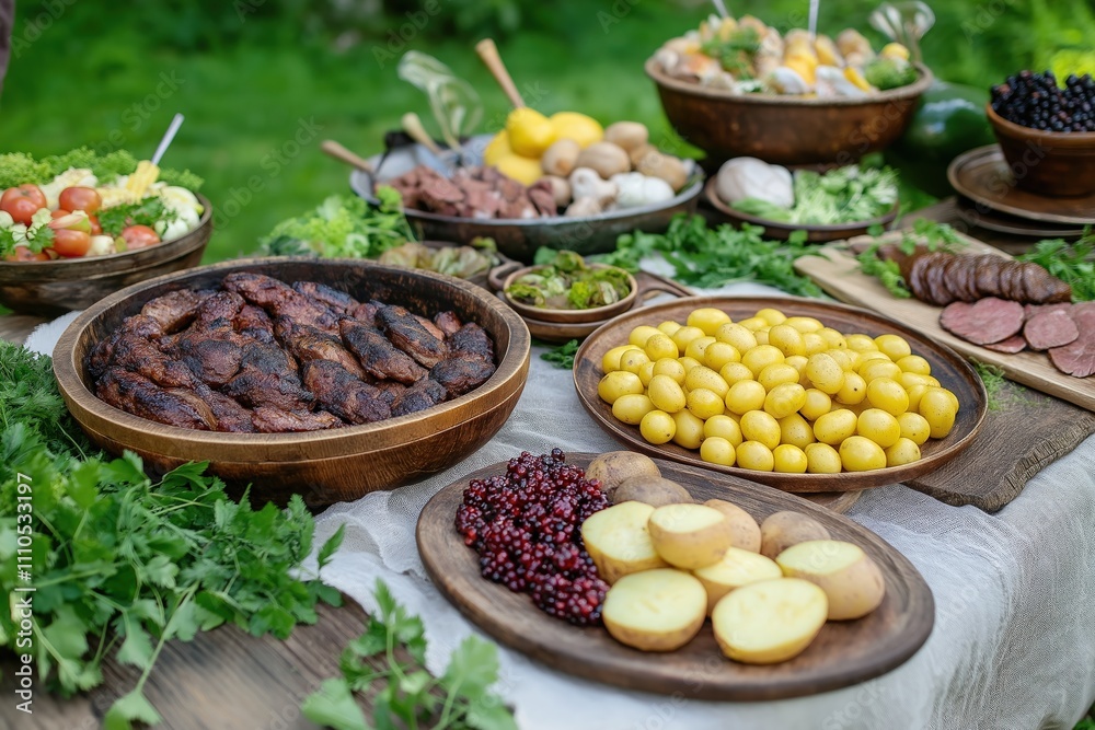 Traditional swedish midsummer food feast celebrating the summer solstice
