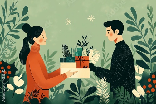 Woman and man giving Christmas gifts on green floral background