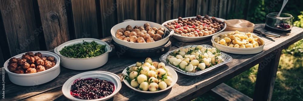 Fototapeta premium Traditional swedish midsummer buffet feast with non-alcoholic drinks