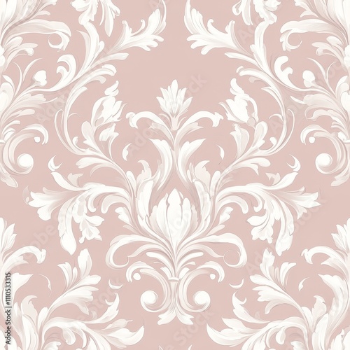 vintage-inspired floral arabesque, pale rose background, graceful white scrolling foliage, symmetrical botanical ornaments, continuous pattern design, decorative baroque style wallpaper