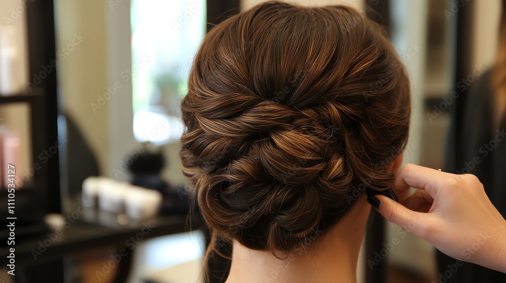 Fototapeta premium A stylist styles a client's long, brown, wavy hair in a salon.