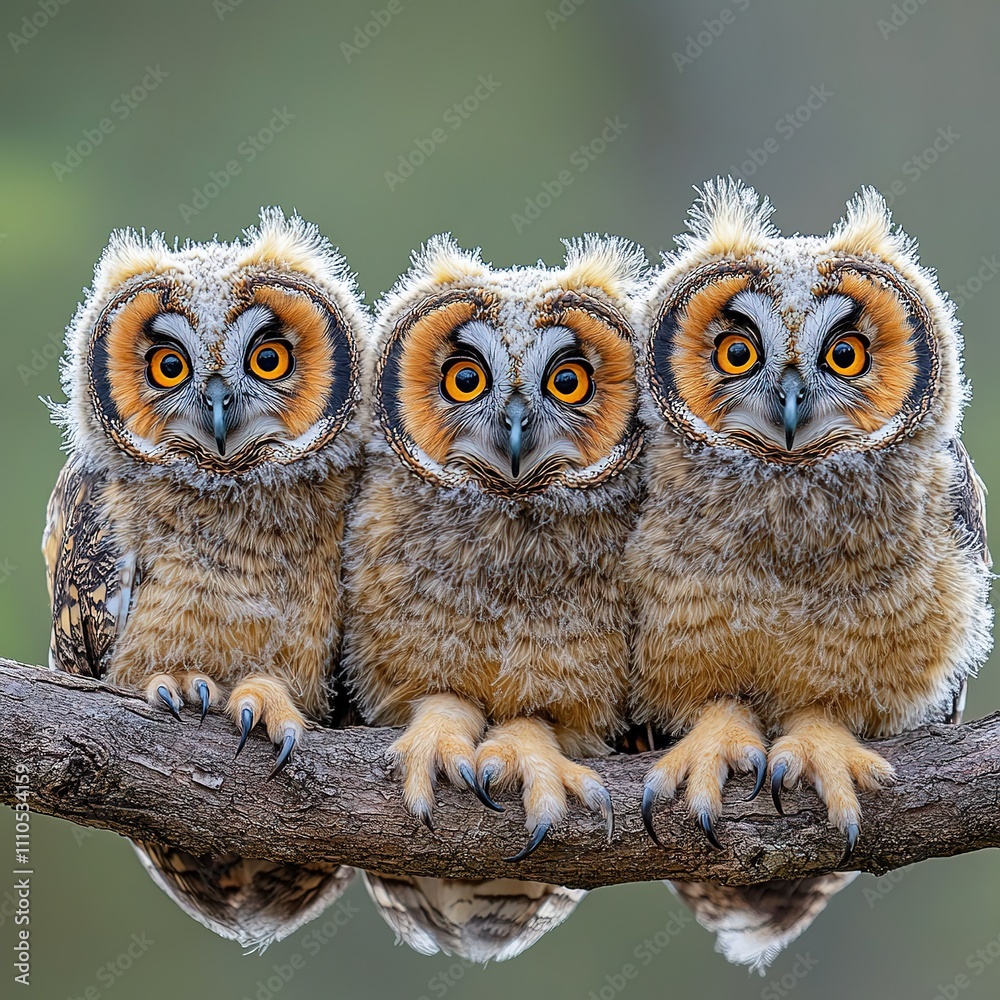 Captivating trio of owls perched on a tree branch outdoor wildlife photography nature scene close-up perspective animal behavior Captivating trio of owls perched on a tree branch outdoor wildlife photography nature scene close-up perspective animal behavior