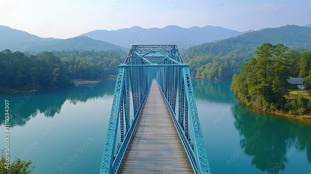 A Blue Metal Bridge Spans Over a Serene Lake Surrounded by Mountains in the Early Morning Light A Blue Metal Bridge Spans Over a Serene Lake Surrounded by Mountains in the Early Morning Light