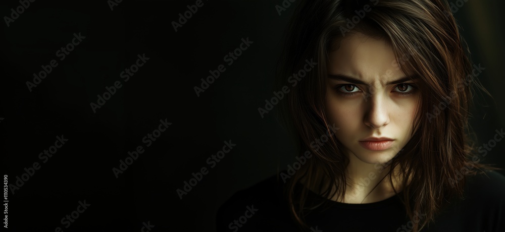 Fototapeta premium Intense expression of young woman, dark background, serious gaze, long hair, natural makeup, emotional depth, portrait photography, copy space for text