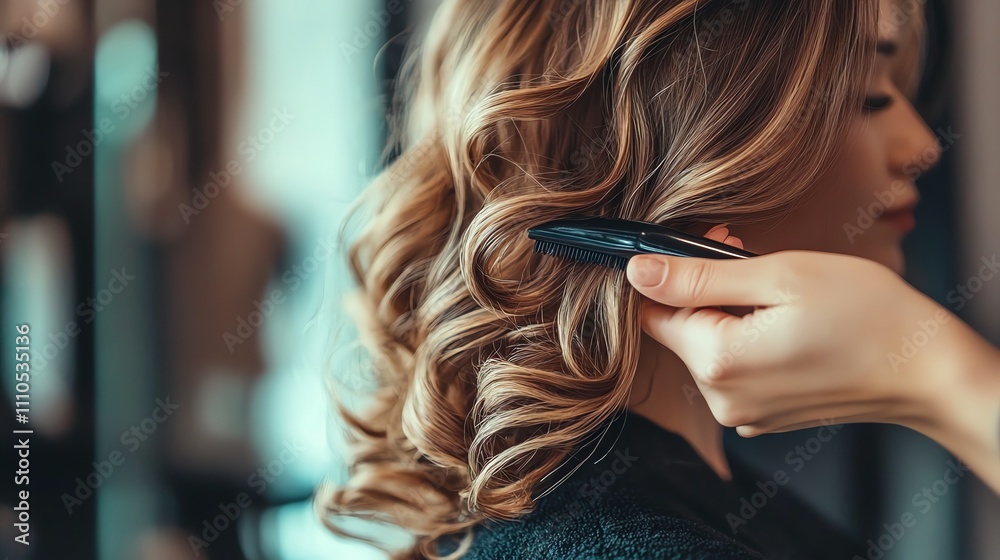 Fototapeta premium A woman's long blonde hair is being styled at a hair salon.