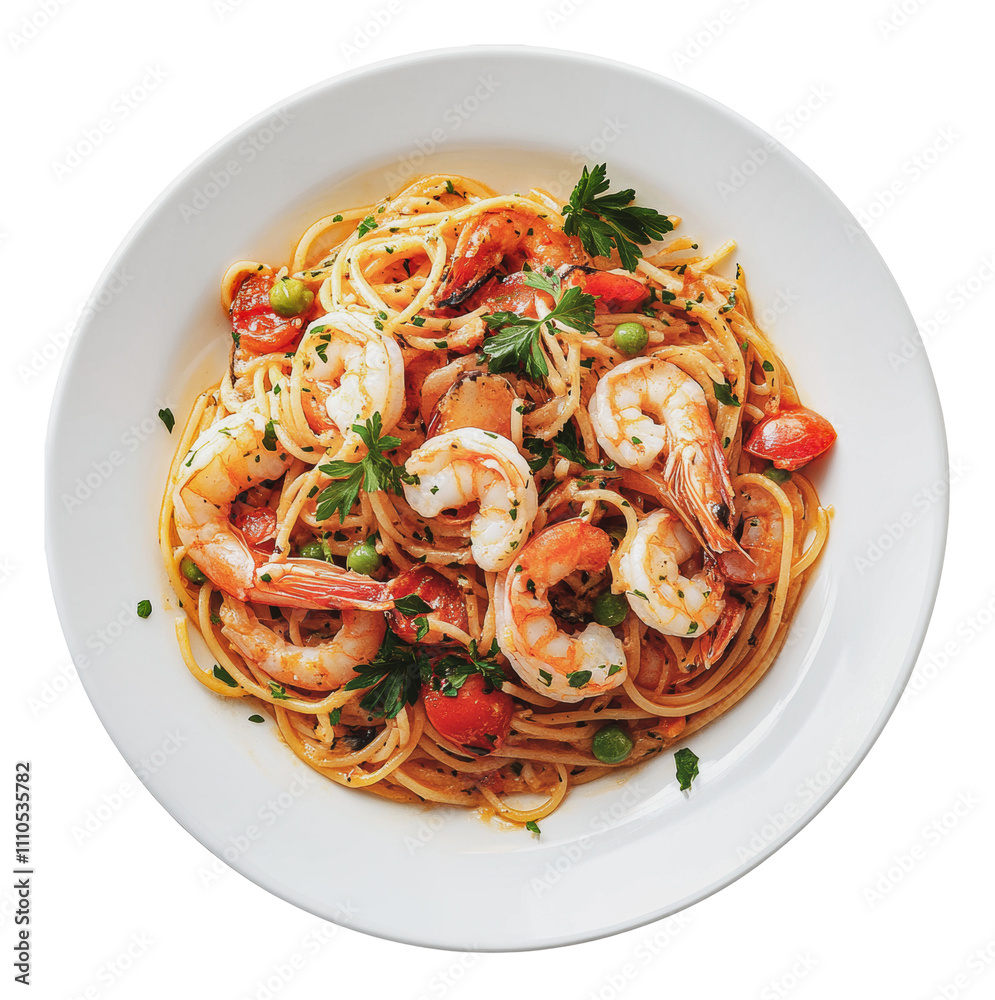 Delicious shrimp pasta served in a white bowl, cut out - stock png. Delicious shrimp pasta served in a white bowl, cut out - stock png.