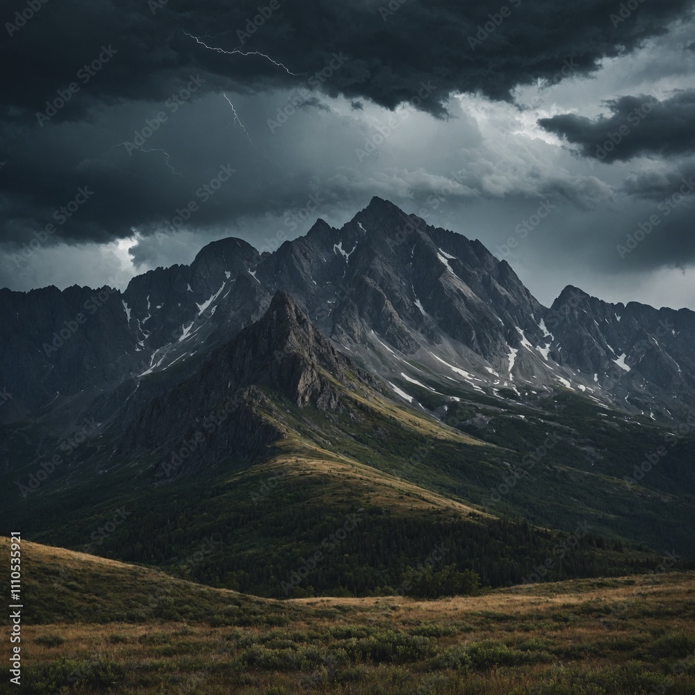 Fototapeta premium A storm brewing over a jagged mountain range.