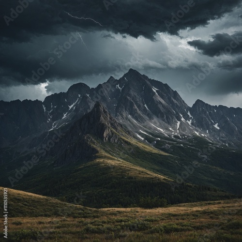 A storm brewing over a jagged mountain range.

