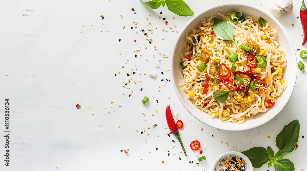 A Delicious Plate of Instant Noodles on a Crisp White Background, Inviting a Comforting Culinary Experience. A Delicious Plate of Instant Noodles on a Crisp White Background, Inviting a Comforting Culinary Experience.
