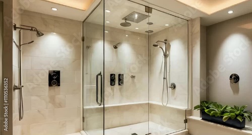 A luxurious bathroom interior featuring a spacious walk-in shower with sleek, modern fixtures and a minimalist aesthetic