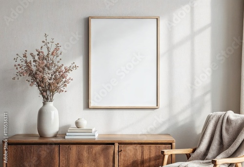 Frame mockup, A4 poster size. Living room wall poster mockup. Minimalist interior design with modern decor. 3D render.