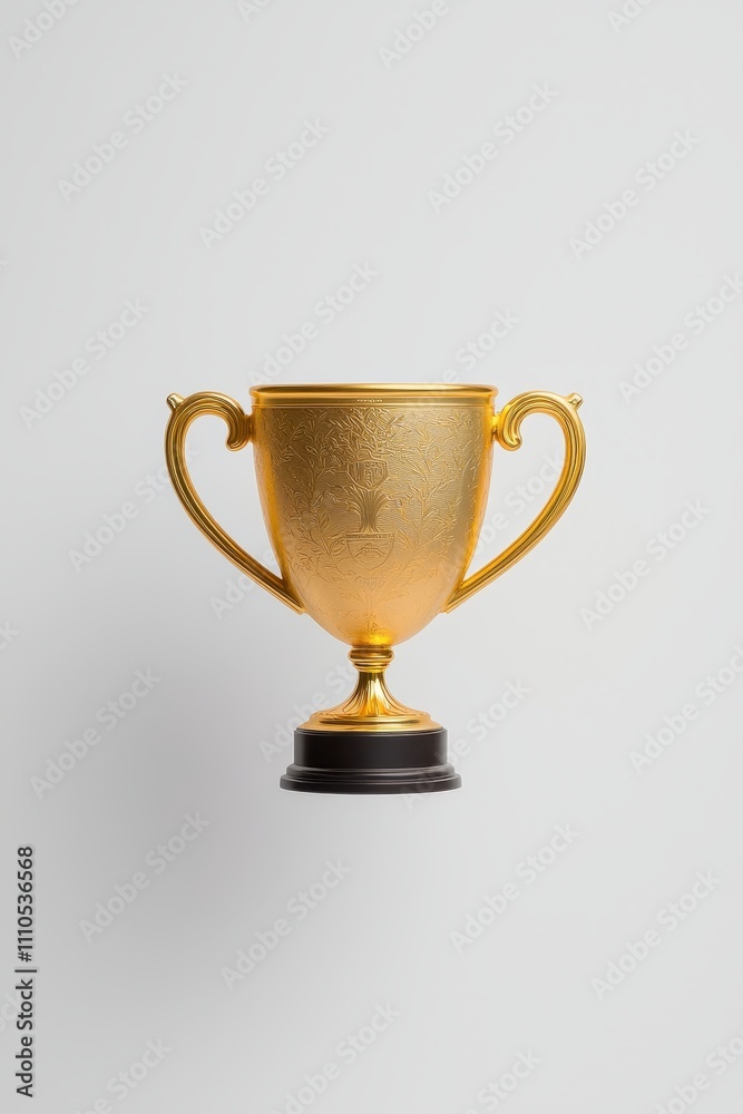 A shiny golden trophy with ornate details, featuring two handles, stands on a black base against a neutral background. A shiny golden trophy with ornate details, featuring two handles, stands on a black base against a neutral background.