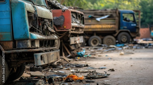 Empty damaged trucks scattered on a desolate street, symbolizing the aftermath of a crisis and the need for resilience and rebuilding.