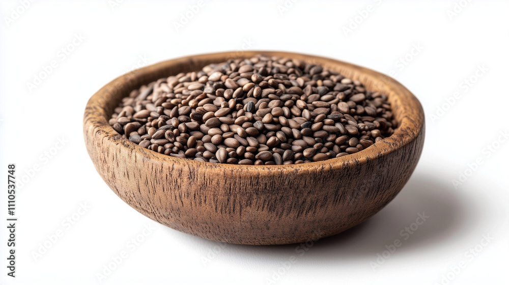 Flat lay of natural sesame seeds in a rustic wooden bowl on clean white background, highlighting detailed textures, minimalistic design, organic ingredients, healthy eating, and natural food concept Flat lay of natural sesame seeds in a rustic wooden bowl on clean white background, highlighting detailed textures, minimalistic design, organic ingredients, healthy eating, and natural food concept