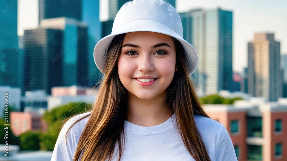 Plus size teenage girl wearing white t-shirt and white bucket hat standing on cityscape background