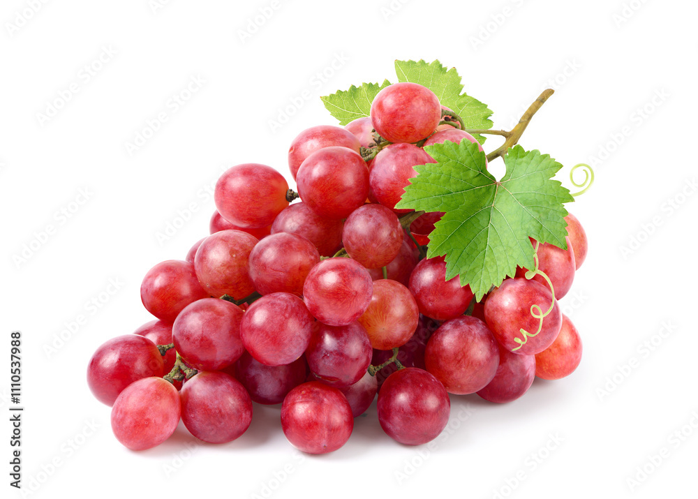 Red grape cluster with leaves isolated on white background. Red grape cluster with leaves isolated on white background.