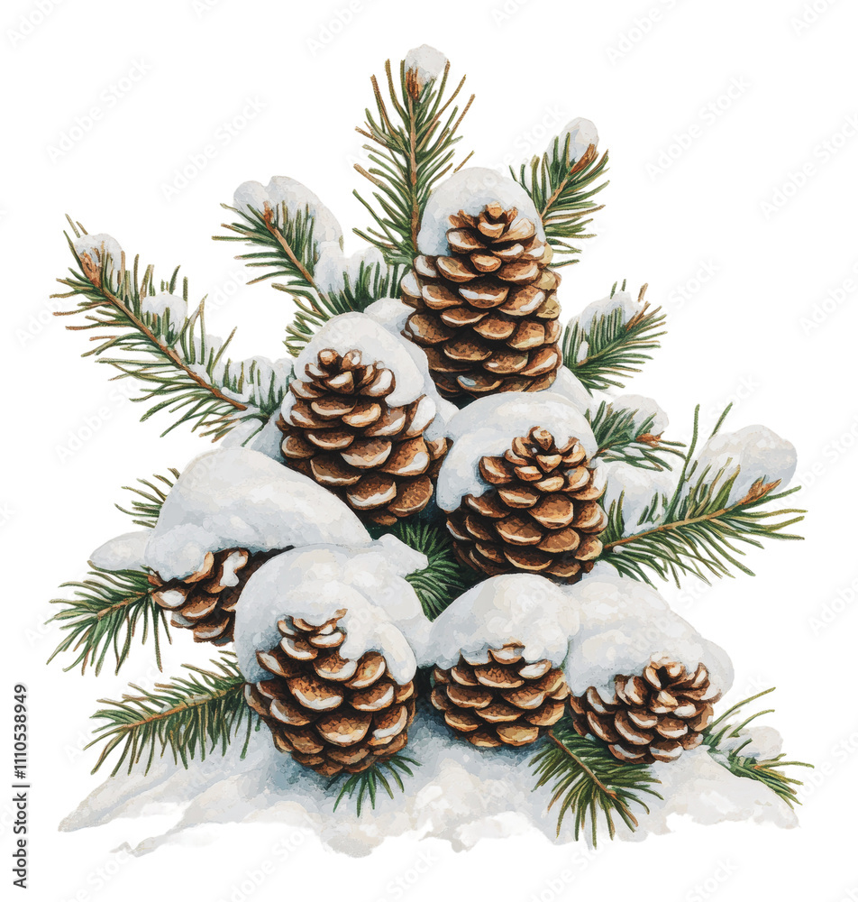 Pine cones covered in snow in winter setting, cut out - stock png. Pine cones covered in snow in winter setting, cut out - stock png.